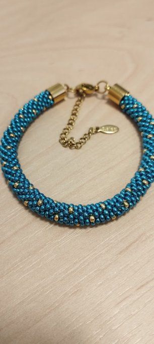 bracelet tissage au crochet perles Miyuki bleu canard et doré